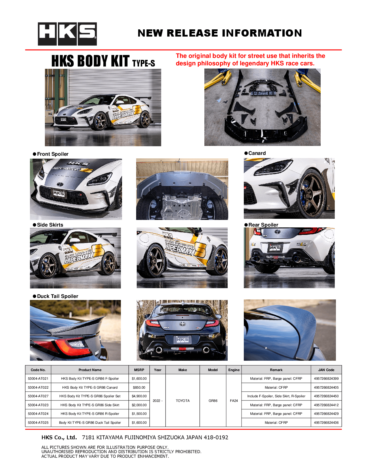 HKS Body Kit TYPE-S GR86 Spoiler Set