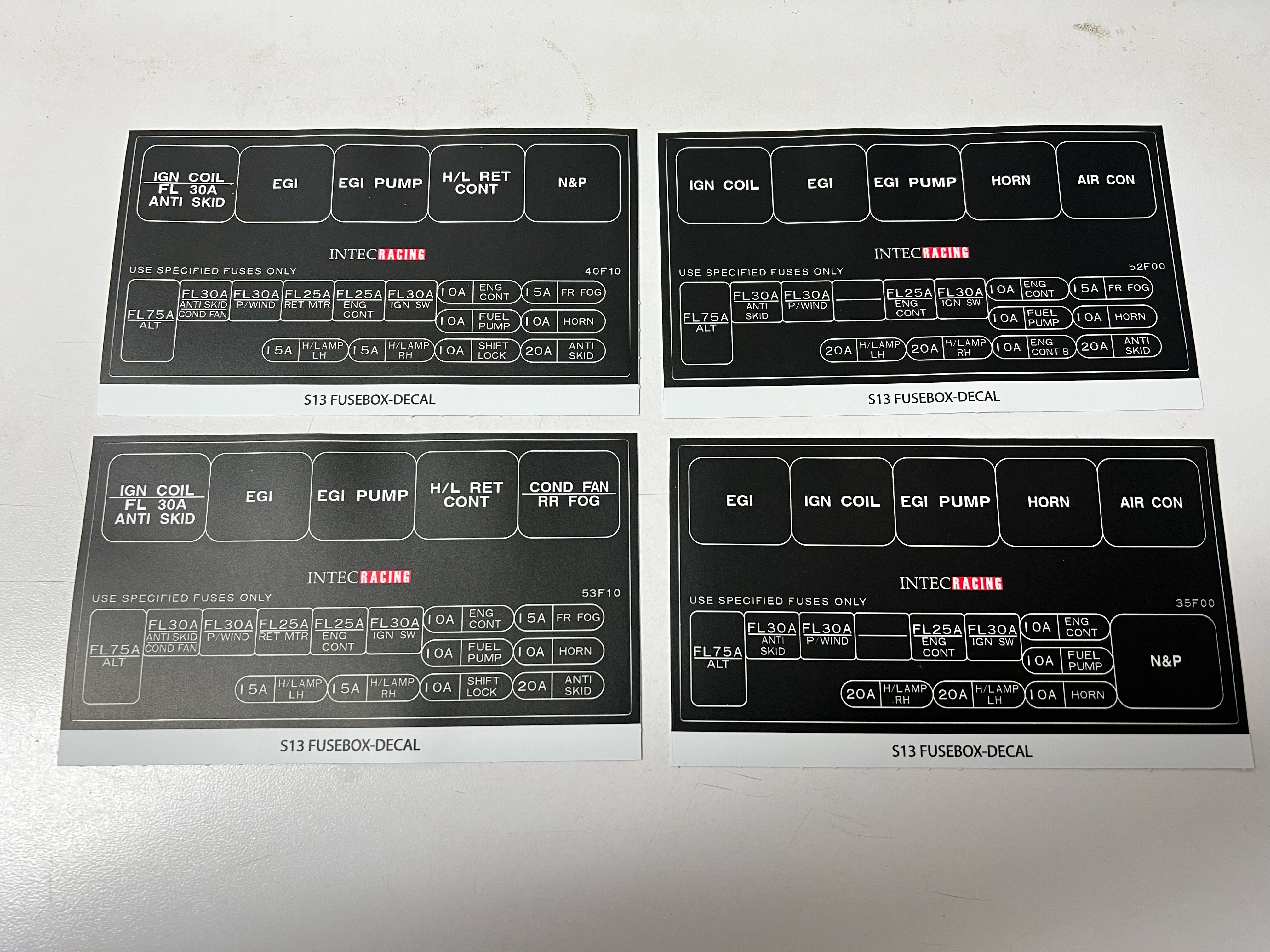 240SX S13 Large Engine Fuse Box Labels (52F00, 53F10, 40F10, 35F00)
