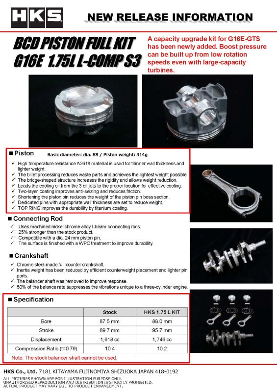 HKS BCD Piston Kit G16E 1.75L L-Comp S3 D88
